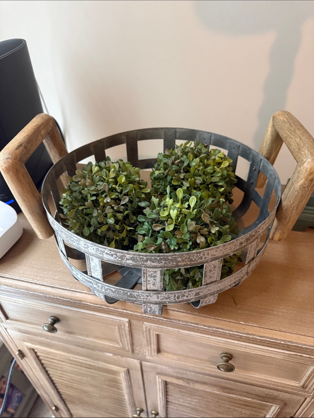 Rustic Metal and Wood Handle Bowl - and green balls
